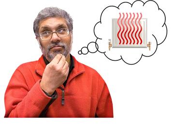 A man thinking.  In the thought bubble is a radiator.
