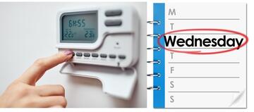 A timer for heating and hot water and a diary with a circle around Wednesday.