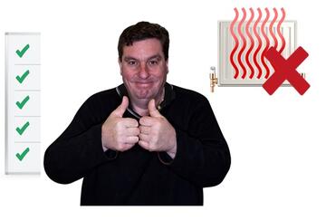 A list of green ticks beside a smiling man who has his thumbs up. Behind the man is a radiator with a red cross.
