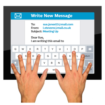 Hands typing on a tablet