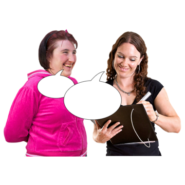 A woman with a clipboard asking another woman questions and writing the answers down