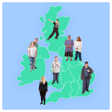 A map of the UK with people standing on it