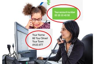 2 people talking on the phone with an account number and a name and address. One lady is looking at her computer.