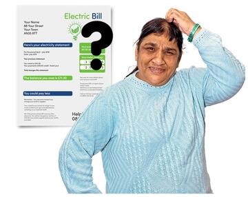 A lady looking confused with an electricity bill and a question mark beside her.