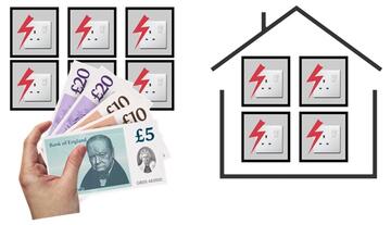 A hand with money and 6 units of electricity next to a house with 4 units of electricity.