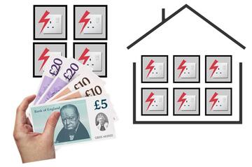 A hand with money and 4 units of electricity next to a house with 6 units of electricity.