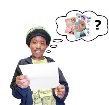 A man looking at a piece of paper.  Above him is a thought bubble with money and a question mark inside.
