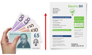 An arrow pointing up between some money and a bill.