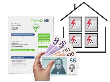 A hand holding some pound notes.  Behind the hand is an electric bill and a house with electric sockets inside.