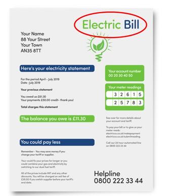 An electric bill with a red circle around the name of the supplier.