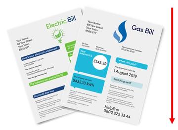 A red arrow pointing down beside an electric bill and a gas bill