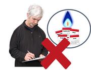 A man holding a clipboard and signing something.  Beside the man is a blue circle with a gas flame and some months on a calendar in it. Beside the image is a red cross.