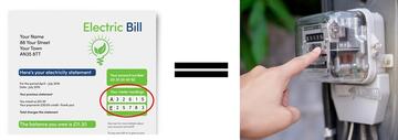an electric bill with an equals sign and a finger pointing at a meter