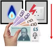 A hand holding some pound notes in front of a gas flame and an electric socket.  to the side is a red arrow pointing down.