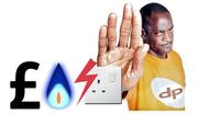 A man holding his hand up to a pound sign, a gas flame and an electric socket.