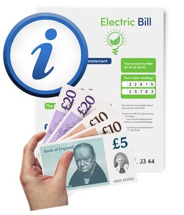 An information sign next to an electricity bill and a hand with some money.