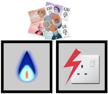 A rectangle with a gas flame in it, a rectangle with an electric socket in it and some money.