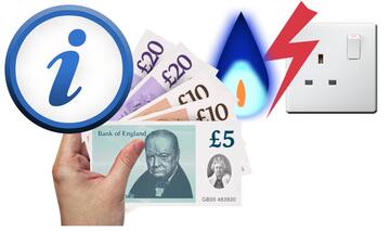 An information sign next to a hand holding some pound notes.  Behind the notes are a gas flame and an electric socket.