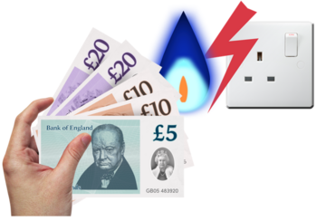 A hand holding some pound notes.  Behind the hand is a gas flame and an electric socket.