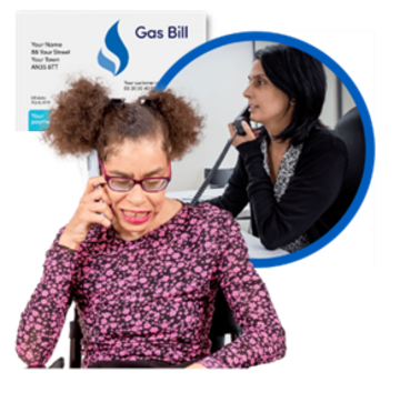 2 people talking on the phone to each other.  Behind them is a gas bill.