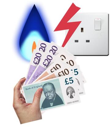 A hand holding lots of money in front of a gas flame and an electric socket.
