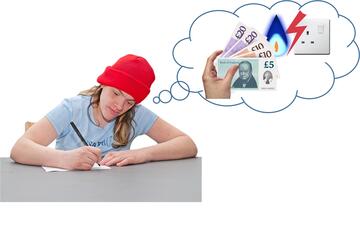 A woman writing.  She is thinking about money and gas and electricity.