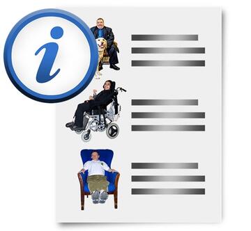 An information sign next to a list on a piece of paper showing people with different disabilities.