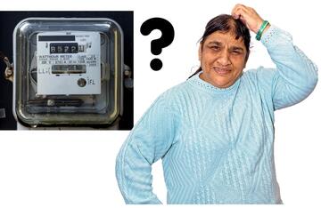 A lady beside a meter.  She has her hand on her head and a question mark beside her.