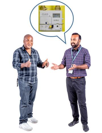 A man with his thumbs up and a man talking about a meter.