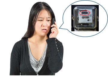 A lady talking on the phone.  In the speech bubble is a meter with a red circle around some numbers.