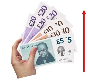 A hand holding 2 lots of money and a red arrow pointing up.