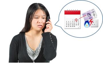 A woman talking on the phone.  In the speech bubble is a calendar, some money, a gas flame and an electric socket.