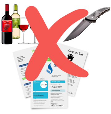 A red cross over pictures of alcohol, a dangerous knife and bills