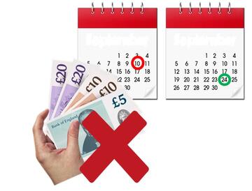 A hand holding some money with a red cross beside it.  Behind the money are 2 months with circles around some dates.