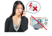 A lady talking on the phone.  Beside her is a speech bubble with an electric socket and a red cross beside it and some money with a red line through it.