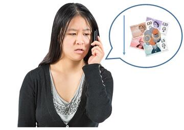 A lady talking on the phone.  In a speech bubble is some money and an arrow pointing down.