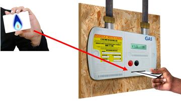 A hand holding a card with a gas flame on it and an arrow pointing to a card being put into a meter.