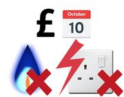 A pound sign next to a calendar showing 10 October. Below the calendar are a gas flame and an electric socket, each with a red cross beside them.