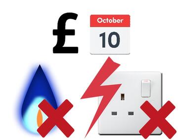 A pound sign next to a calendar showing 10 October. Below the calendar are a gas flame and an electric socket, each with a red cross beside them.