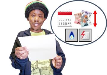 A man reading a letter.  Beside him in a circle are images of a month on a calendar, some money with a red arrow pointing up and down, a square with a gas flame in it and a square with electricity in it.