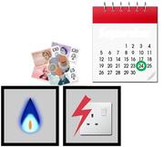 A square with a gas flame in it and a square with an electric socket in it. Above the squares is some money and a calendar with a date with a circle around it.