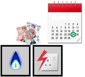 A square with a gas flame in it and a square with an electric socket in it. Above the squares is some money and a calendar with a date with a circle around it.