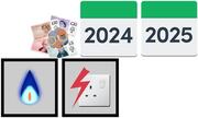 A square with a gas flame in it and a square with an electric socket in it. Above the squares is some money and calendars for 2024 and 2025