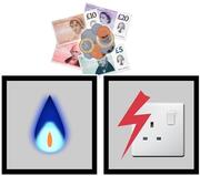 A square with a gas flame in it and a square with an electric socket in it. Above the squares is some money.