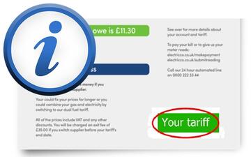 An information sign next to an electric bill with a circle around the word tariff.