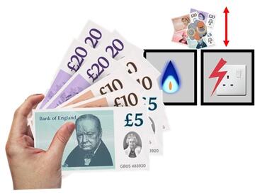 A hand holding lots of pound notes.  Behind the hand is a square with a gas flame in it and a square with an electric socket in it. Above the squares is some money with a red arrow pointing up and down.