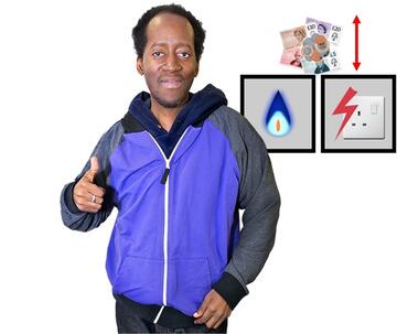A man with his thumb up.  Behind the man is a square with a gas flame in it and a square with an electric socket in it. Above the squares is some money with a red arrow pointing up and down.