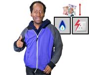 A man with his thumb up.  Behind the man is a square with a gas flame in it and a square with an electric socket in it. Above the squares is some money with a red arrow pointing up and down.