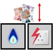 Some money above a square with a gas flame in it and a square with an electric socket in it. Beside the money is a red arrow pointing up and down.