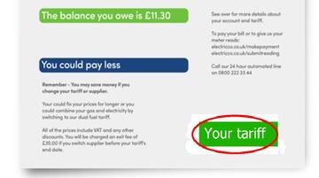 A electric bill with a circle around the word tariff.